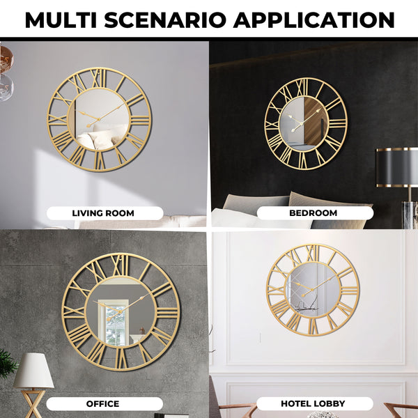 Large Golden Wall Clock with Mirror, 24" Silent Roman Clock, Heavy Metal, Living Room Wall Decor-Sona Casa