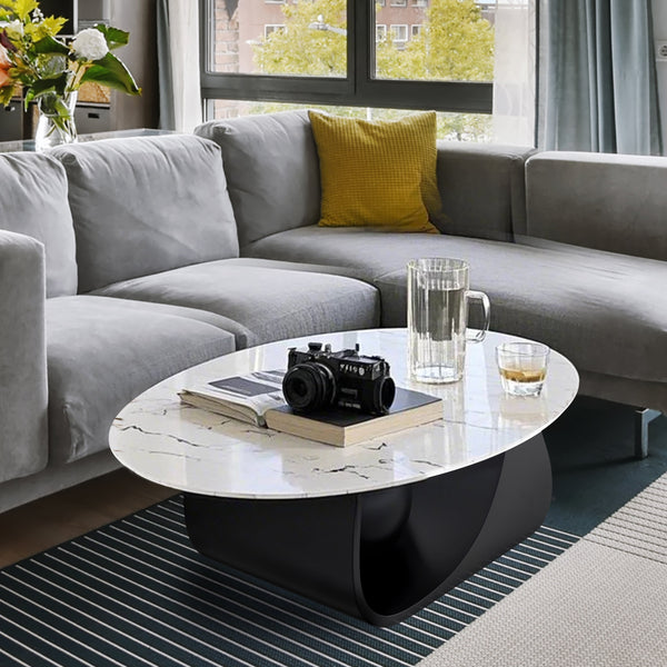 Designer Oval Coffee Table 47" White Marble Surface, Metal Ball Matte Black Base, Centerpiece by Sona Casa