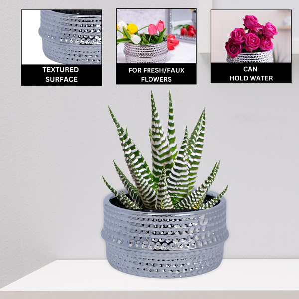 Ceramic Bud Vase, 4" Silver Chrome Textured Round Table Vase by Sona Casa