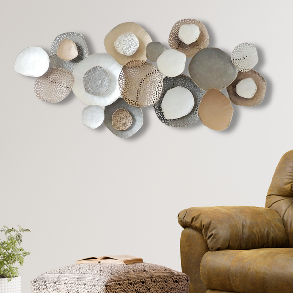 Large Metal Wall Art Sculpture, 53" Rustic Weathered Finish, Gold Silver White Home Office Decor by Sona Casa