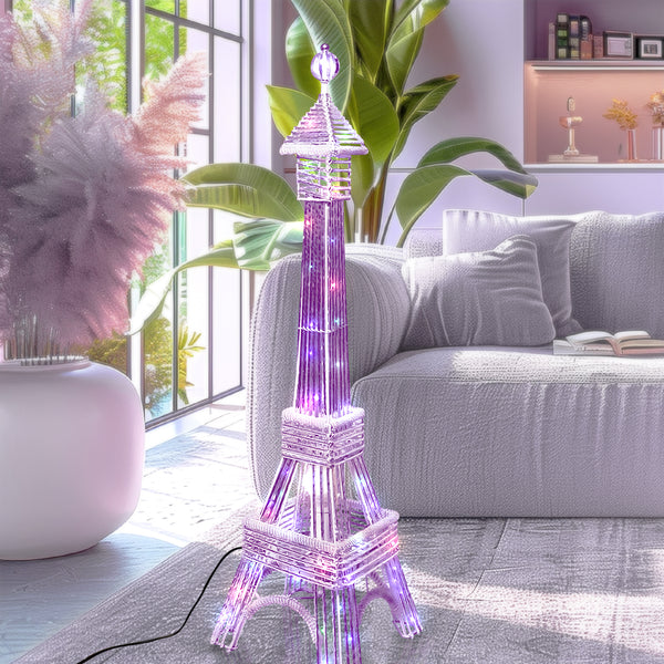 Tall Floor Lamp, Handcrafted 63" Eiffel Tower Paris Multicolor LED Light White Metal by Sona Casa