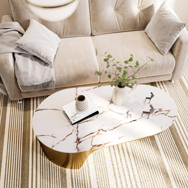 Designer 47" Golden Coffee Table, Ball Design Base, White Marble Top, Metal Frame, Home Decor by Sona Casa