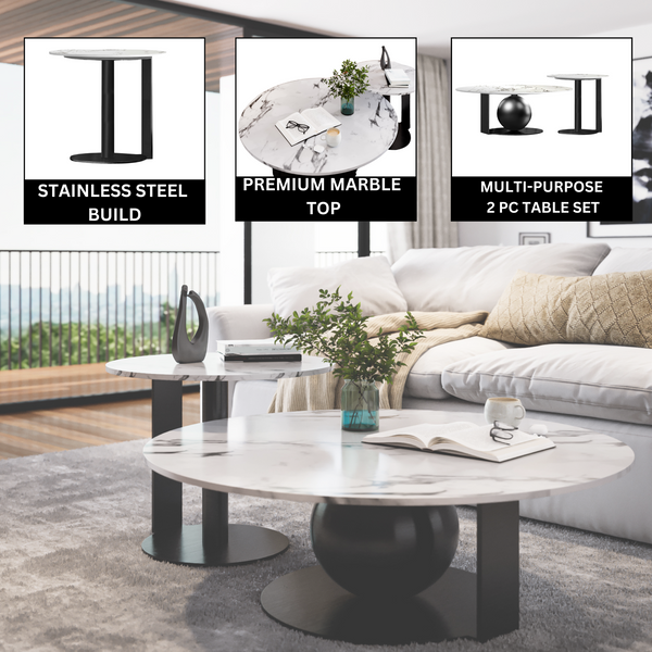 Modern Coffee Table Set of 2, 32" and 16" Marble Surface, Metal Ball Base, Matte Black Finish, Home Decor by Sona Casa