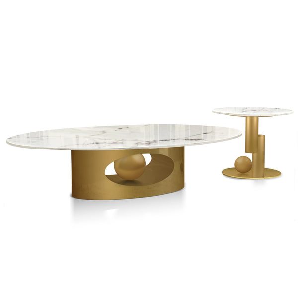 Modern Golden Oval Coffee Table Set 47" and 20", White Marble Surface, Metal Ball Base Design Home Decor by Sona Casa