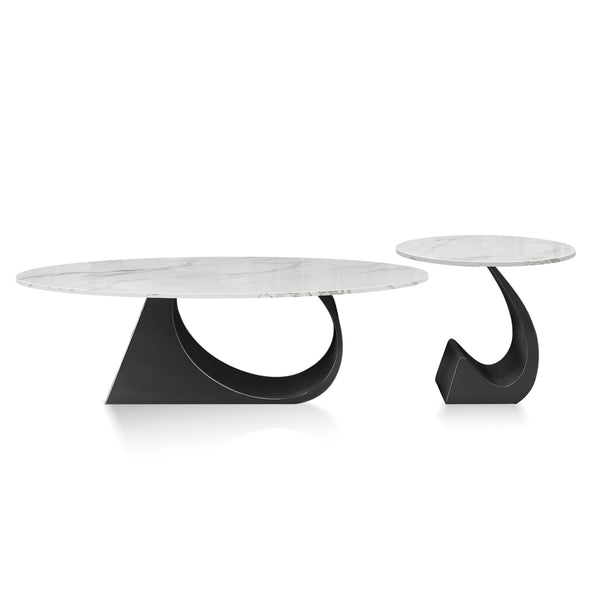 Modern Designer Oval Coffee Table Set 47" and 20" White Marble Top, Metal Matte Black Frame by Sona Casa