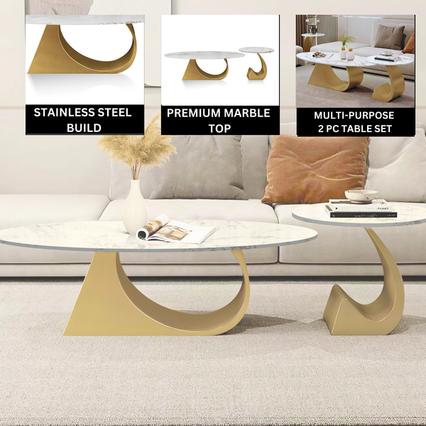 Modern Oval Coffee Table Set 47" and 20" White Marble Top, Metal Gold Frame by Sona Casa