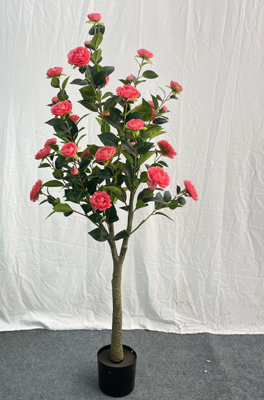 Artificial Flowering Tree, 5 ft Tall Fake Pink Camellia Tree Plant in Cement Base, Indoor Decor for Home or Office, Gift-Sona Casa