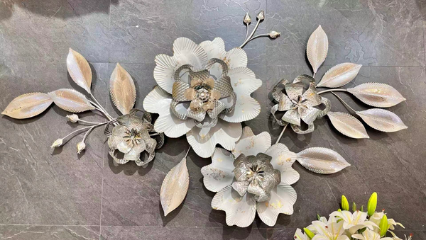 Large Metal Wall Art, 1.5m 3D Floral Sculpture, Modern Silver Flower Wall Decor for Living Room, Bedroom & Entryway-Sona Casa