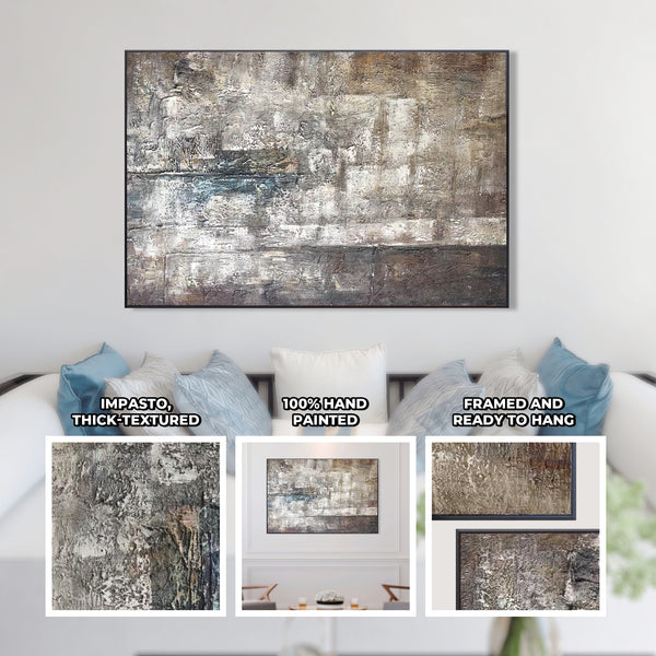 Impasto Painting, 47" Abstract Gray Framed Artwork, Home Office Wall Decor by Sona Casa