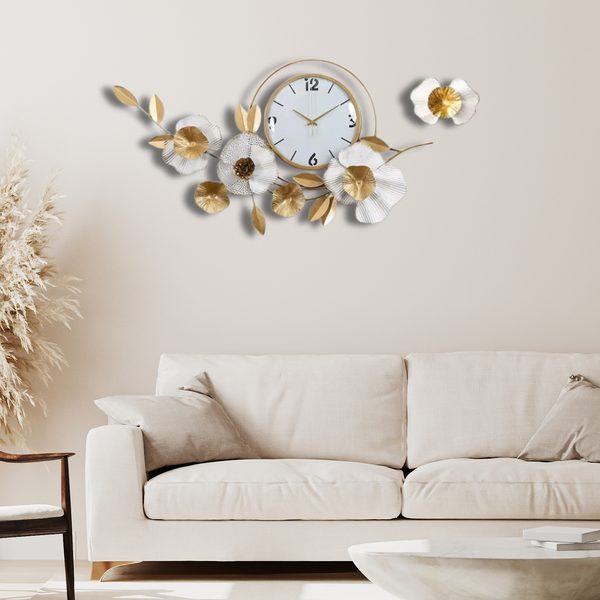 Gold and White Metal Wall Clock, Extra Large 37" Floral Designer Silent Clock, Oversized Home Office Décor by Sona Casa