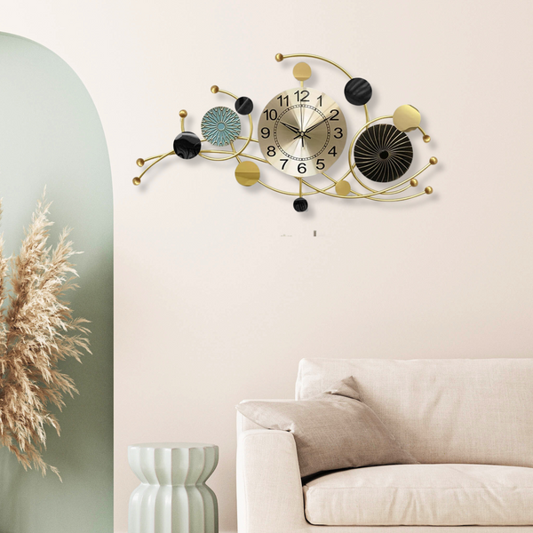 Gold Silent Wall Clock for Home or Office, 31" Wide Metal Battery Operated Clock, Modern Abstract Oversized Wall Decor by Sona Casa