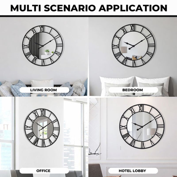 Large Black Wall Clock with Mirror, 24" Silent Roman Clock, Heavy Metal, Living Room Wall Decor-Sona Casa
