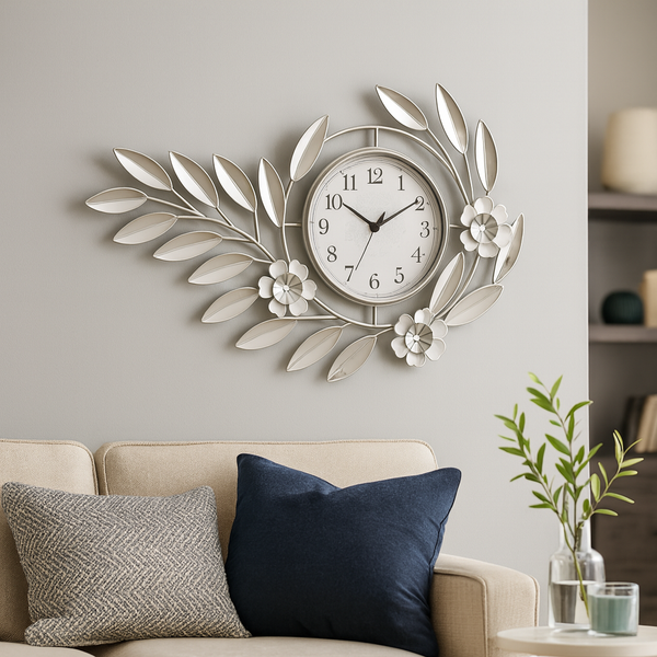 Large Silver Metal Wall Clock, Modern Floral Quartz Decor for Living Room & Home, Analog Decorative Clock-Sona Casa