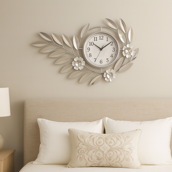 Large Silver Metal Wall Clock, Modern Floral Quartz Decor for Living Room & Home, Analog Decorative Clock-Sona Casa