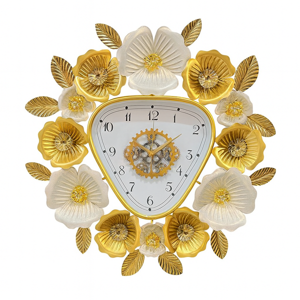 Gold and White Floral Designer Wall Clock, Large Modern Metal Art, Geometrical Triangle Clock for Home Living Room Decor-Sona Casa