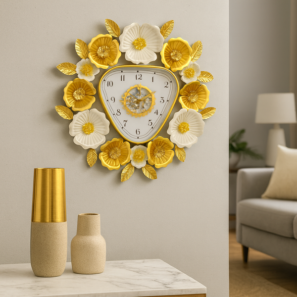 Gold and White Floral Designer Wall Clock, Large Modern Metal Art, Geometrical Triangle Clock for Home Living Room Decor-Sona Casa