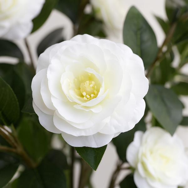 Faux Camellia Tree, 5 ft Tall Faux White Camellia Tree Plant in Cement Base, Indoor Decor for Home or Office, Housewarming Gift-Sona Casa