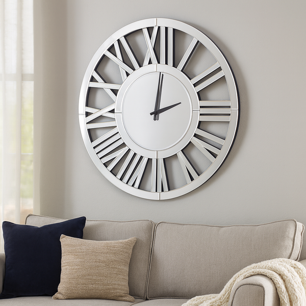 Large 60 cm Round Glass Mirror Wall Clock, Modern Roman Numeral Decorative Clock, Above Bed, Couch Decor, Gift-Sona Casa