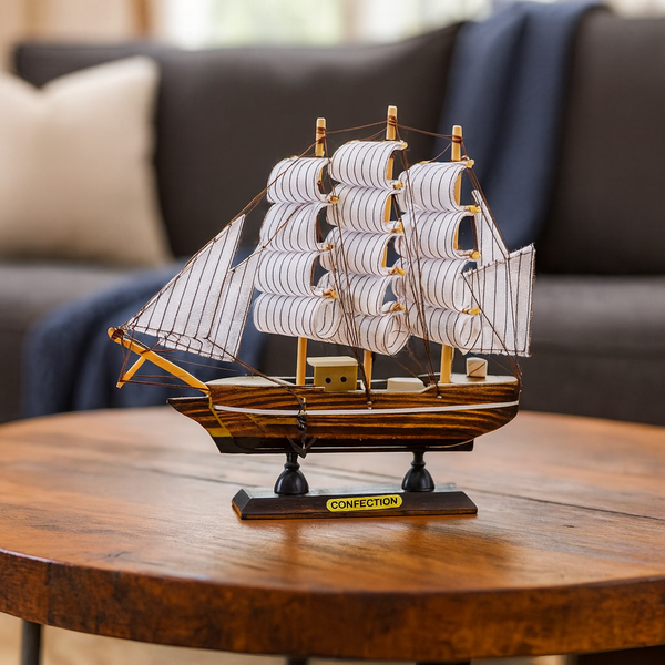 Brown Wooden Sailboat Model With Realistic Cloth Sails - Nautical Marine-Inspired Home Decor