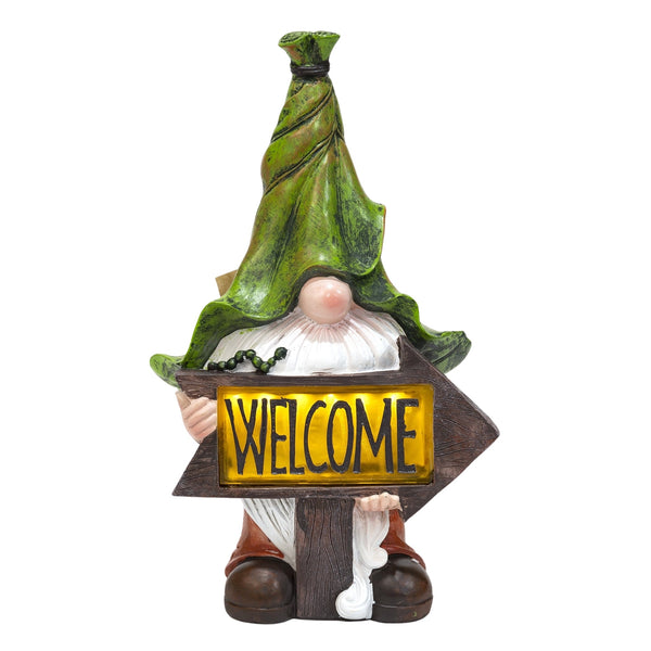 Green Leaf Hat Gnome Solar LED Light Statue, Funny Polyresin Garden Decor for Outdoor Spaces by Sona Casa
