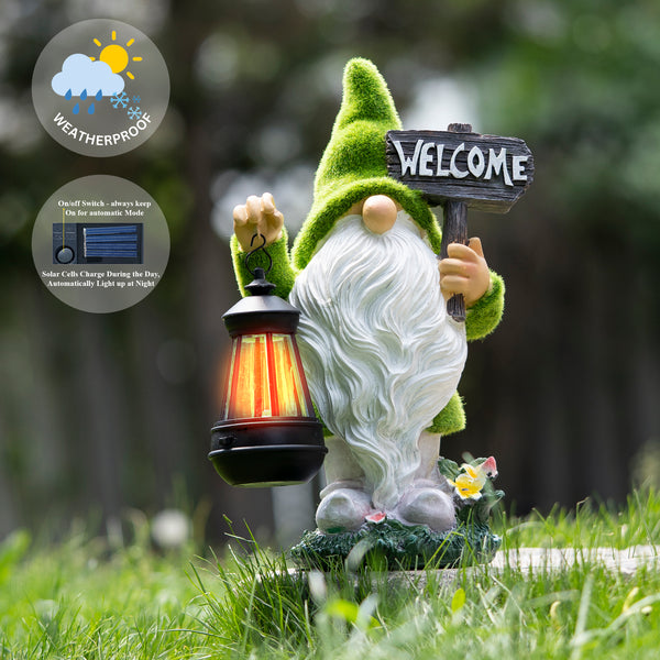 Welcome Gnome with Solar Powered Garden Lamp, Green White, Polyresin Lawn Gnome Statue, Patio Statue 13 inch 33 cm by Sona Casa