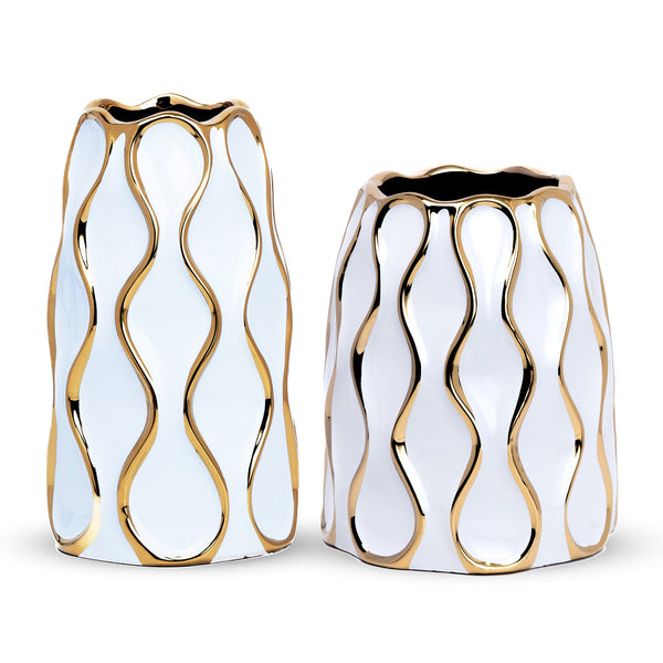 Elegant White Ceramic Flower Vase With Golden Trim - Perfect For Bouquets & Bohemian Decor, Ideal Centerpiece & Entryway Enhancer by Sona Casa