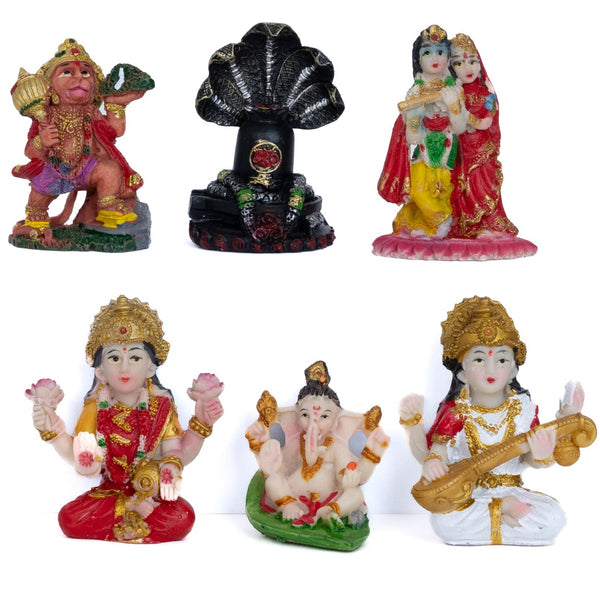 Pack Of 6 Mini Multicolor Polyresin, 2" Hindu Gods Figurines, Pooja Decor by Sona Casa