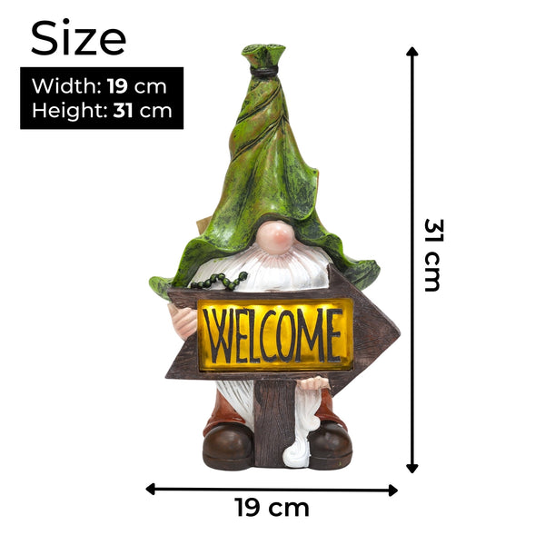 Green Leaf Hat Gnome Solar LED Light Statue, Funny Polyresin Garden Decor for Outdoor Spaces by Sona Casa