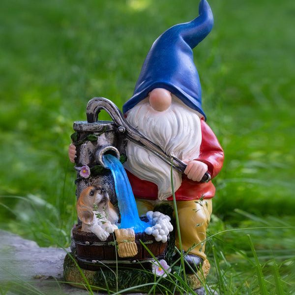Blue Hat Bathing Dog Gnome With Pump - Polyresin Garden Statue With Solar LED Lights by Sona Casa