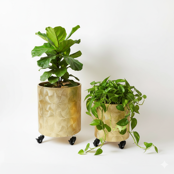 Gold Metal Foil Planters Set with Wheels and Drain Plug, Indoor Pot for Fresh or Faux Plants Home Decor Gift-Sona Casa