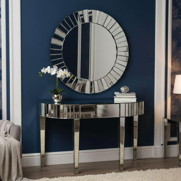 Large Mirror Glass Console Table Silver Accent, Elegant Modern Entryway, Living Room & Office Decor-Sona Casa