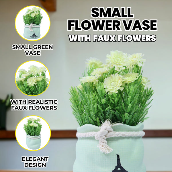 Small Flower Vase with Faux Flowers Tabletop Centerpiece for Home of Office Decor, Green 6 inch 15 cm by Sona Casa