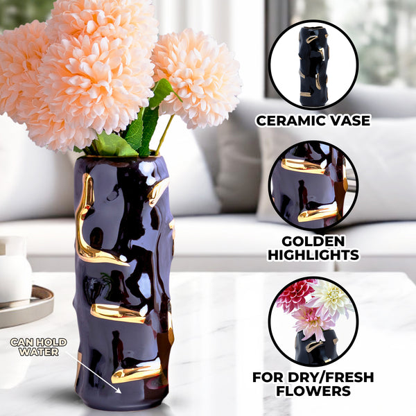 Abstract Black Ceramic Vase, Golden Highlights, 12" Table Decor by Sona Casa