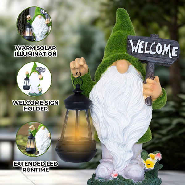 Welcome Gnome with Solar Powered Garden Lamp, Green White, Polyresin Lawn Gnome Statue, Patio Statue 13 inch 33 cm by Sona Casa