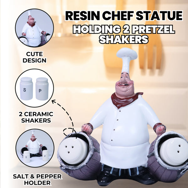 Polyresin Chef Statue, 2 Ceramic Pretzel Shakers, 7" Kitchen Decor by Sona Casa