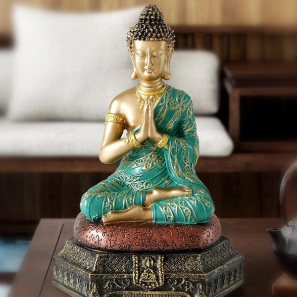 Small Buddha Statue, 9" Religious Decor Gifts, Green Gold Tabletop Desktop Shelf Prayer Room Ornament by Sona Casa