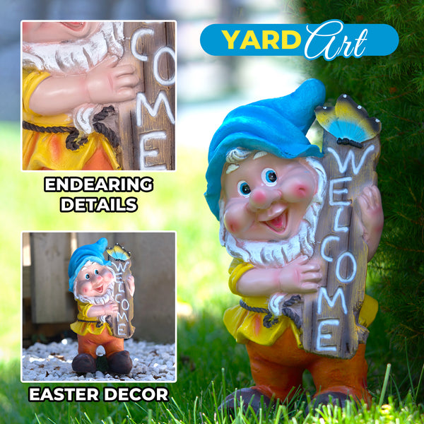 Welcome Gnome Garden Statue, 13" Patio Porch Lawn Ornament by Sona Casa