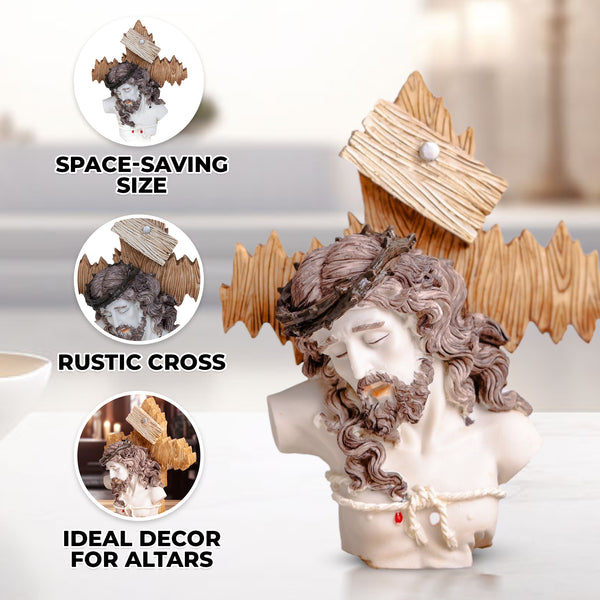 Jesus on Cross Crucifix Sculpture, 8" Sacred Heart Religious Figure, Desk Decor for Altar, Shelf, Table, Catholic Gifts by Sona Casa