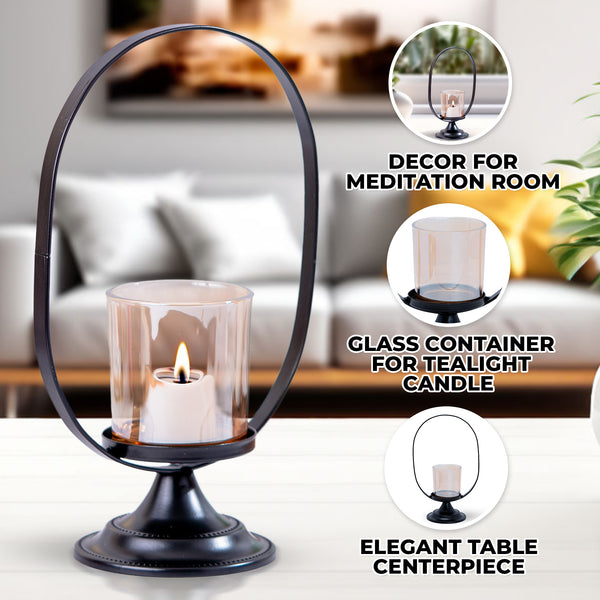 Metal Tealight Holder With Glass Container, 10" Mantle, Shelf, Altar, Table, Desk Decor, Home Office Ornament, Gifts by Sona Casa