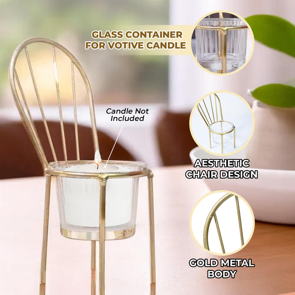 Candle Holder, Chair Design, Gold Decor, 6" Metal Tabletop Centerpiece by Sona Casa