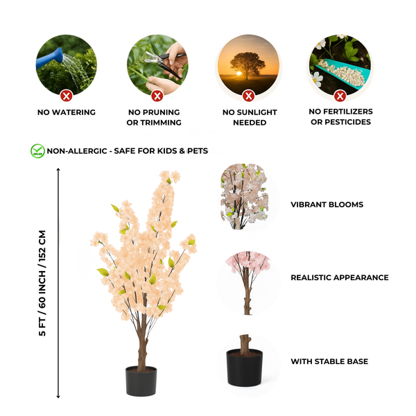 Large Nearly Natural Fake Light Peach Sichuan Cherry Blossom, 5 ft Lifelike Tall Artificial Tree, Indoor Decor for Living Room, Office, Patio-Sona Casa