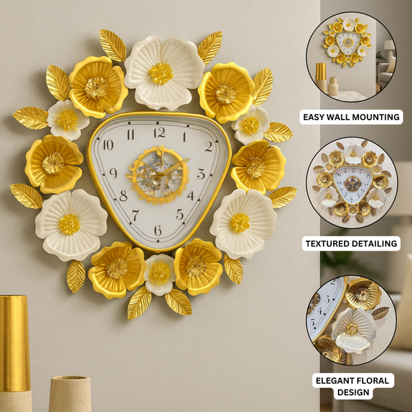 Gold and White Floral Designer Wall Clock, Large Modern Metal Art, Geometrical Triangle Clock for Home Living Room Decor-Sona Casa