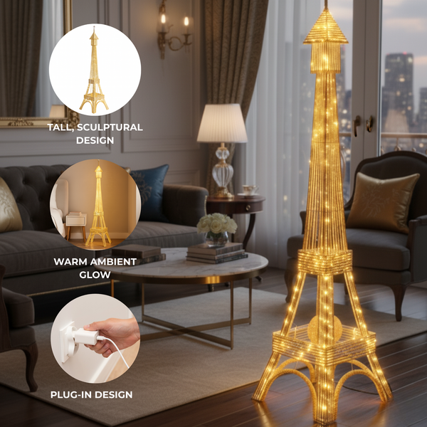Tall Eiffel Tower LED Floor Lamp 63 inch Modern Decorative Paris France Model with Gold Frame & White LED Ambient, Home Decor Lighting-Sona Casa