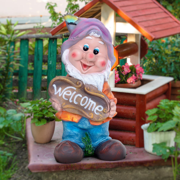 Garden Gnome Welcome Statue, 13" Weather Resistant Outdoor Garden Decor by Sona Casa