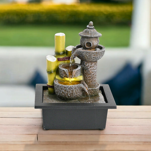 Indoor Water Fountain with Lights, 11" Asian Temple Desktop Waterfall by Sona Casa