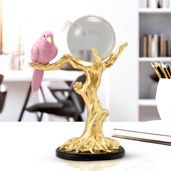 Decorative Sculpture Tabletop Crystal Ball and Bird on Tree, 9" Centerpiece by Sona Casa