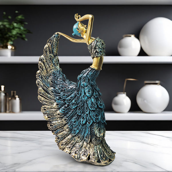 Peacock Feather Dancing Lady Figurine, Ballerina Statue, 11" Shelf, Mantle, Table, Desk Decor Centerpiece by Sona Casa