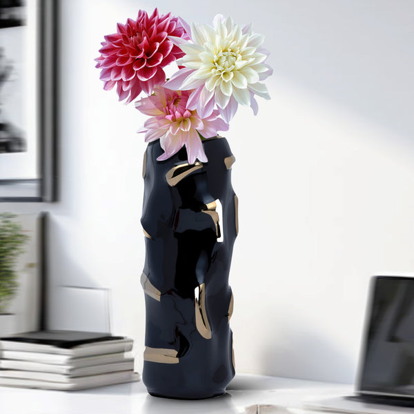 Abstract Black Ceramic Vase, Golden Highlights, 12" Table Decor by Sona Casa