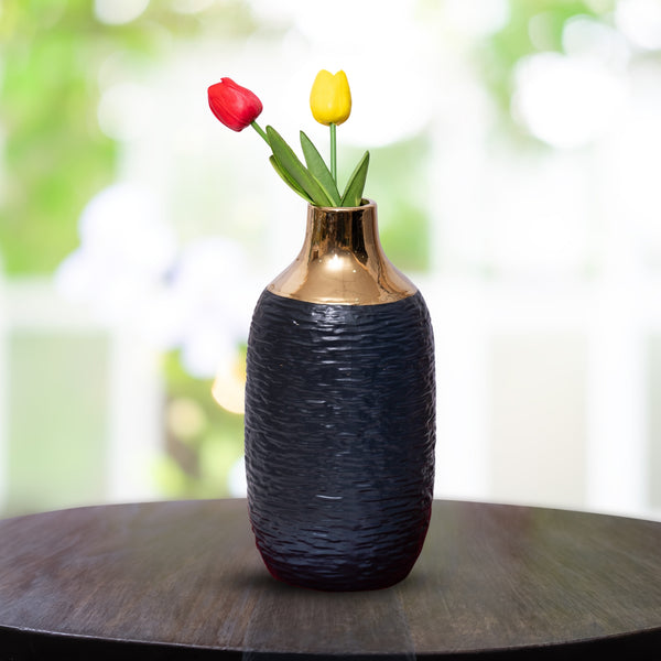 Black Ceramic Minimalist Vase With Golden Rim, 12" Modern Flower Vase by Sona Casa