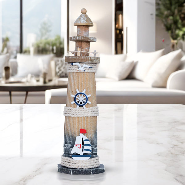 Rustic Brown Wood Miniature Lighthouse Model, 13" Nautical Figurine, Decorative Statue, Table, Desktop, Shelf Decor by Sona Casa